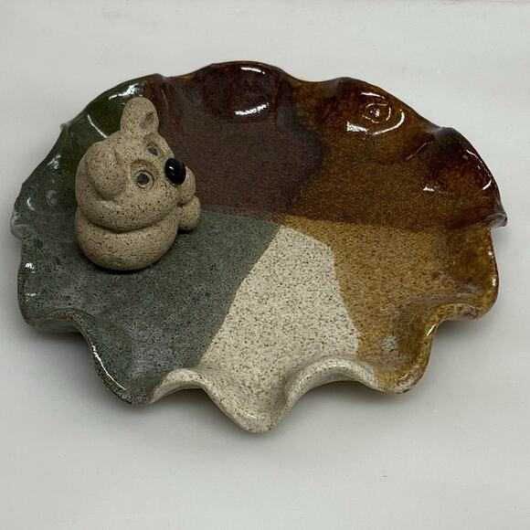 Handmade Ring Trinket Dish w/ Koala Bear Browns Tans Ruffled Edge - Picture 5 of 7